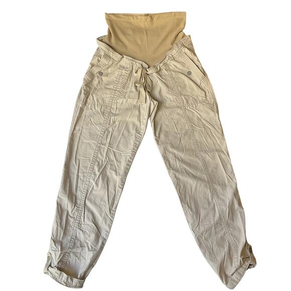 Motherhood Maternity Women Khaki Pants Size S Beige Button Drawstring 27" Inseam - Picture 1 of 10